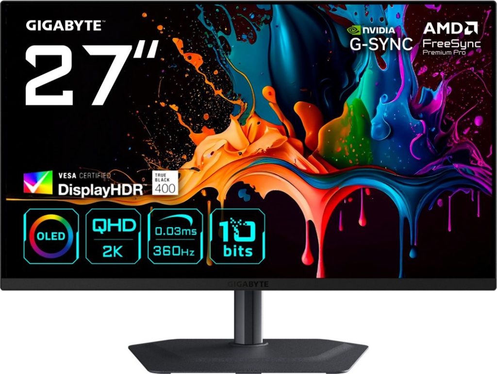 GIGABYTE MO27Q3 27” OLED QHD Gaming Monitor - 2560 x 1440, 360Hz, 0.03ms, 250 cd/m², G-Sync Compatible, FreeSync Premium Pro, Display HDR True Black 400, HDMI 2.1, Displayport 1.4
